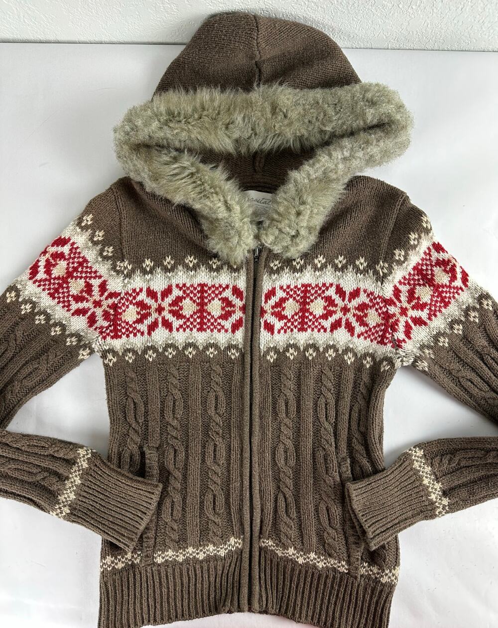 Y2K Aeropostale Fair Isle Knit Sweater Faux Fur Hood Bella Swan Twilightcore - M